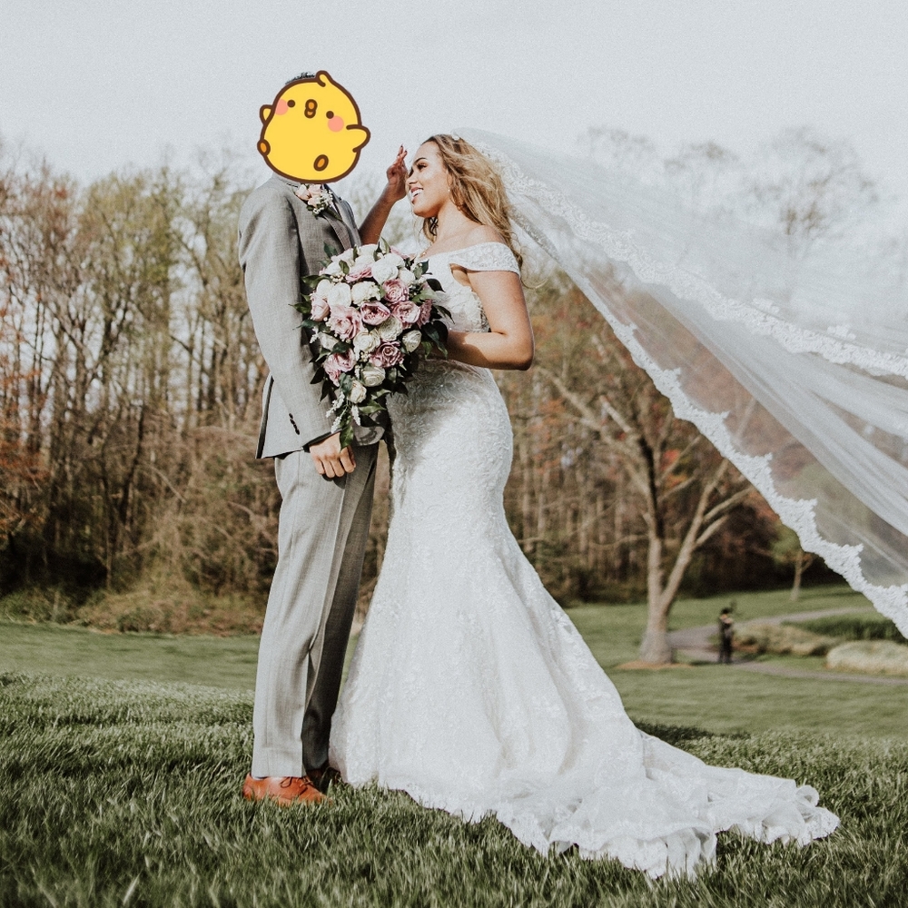 Oleg Cassini Ivory Beaded Lace Mermaid Wedding Gown, Lace Cathedral Veil